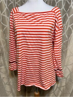 Anne Klein Striped Square Neck Women’s Top - Reddish Orange & White